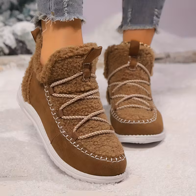 womens plush winter boots with thickened fleece lining slip on round toe flat sole brown cover upper eva sole cushioned insole Product details 8