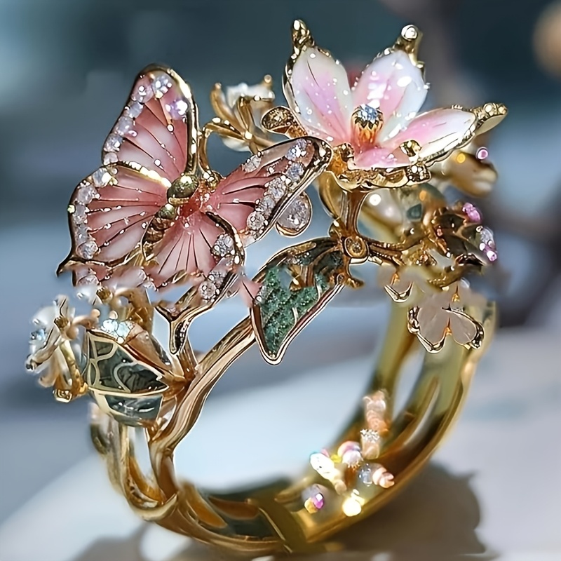 TEMU Bague à pendentif pour femme, motif papillon délicat et fleur - Bijou brillant, élégant et délicat pour femmes - Parfait pour un usage et
