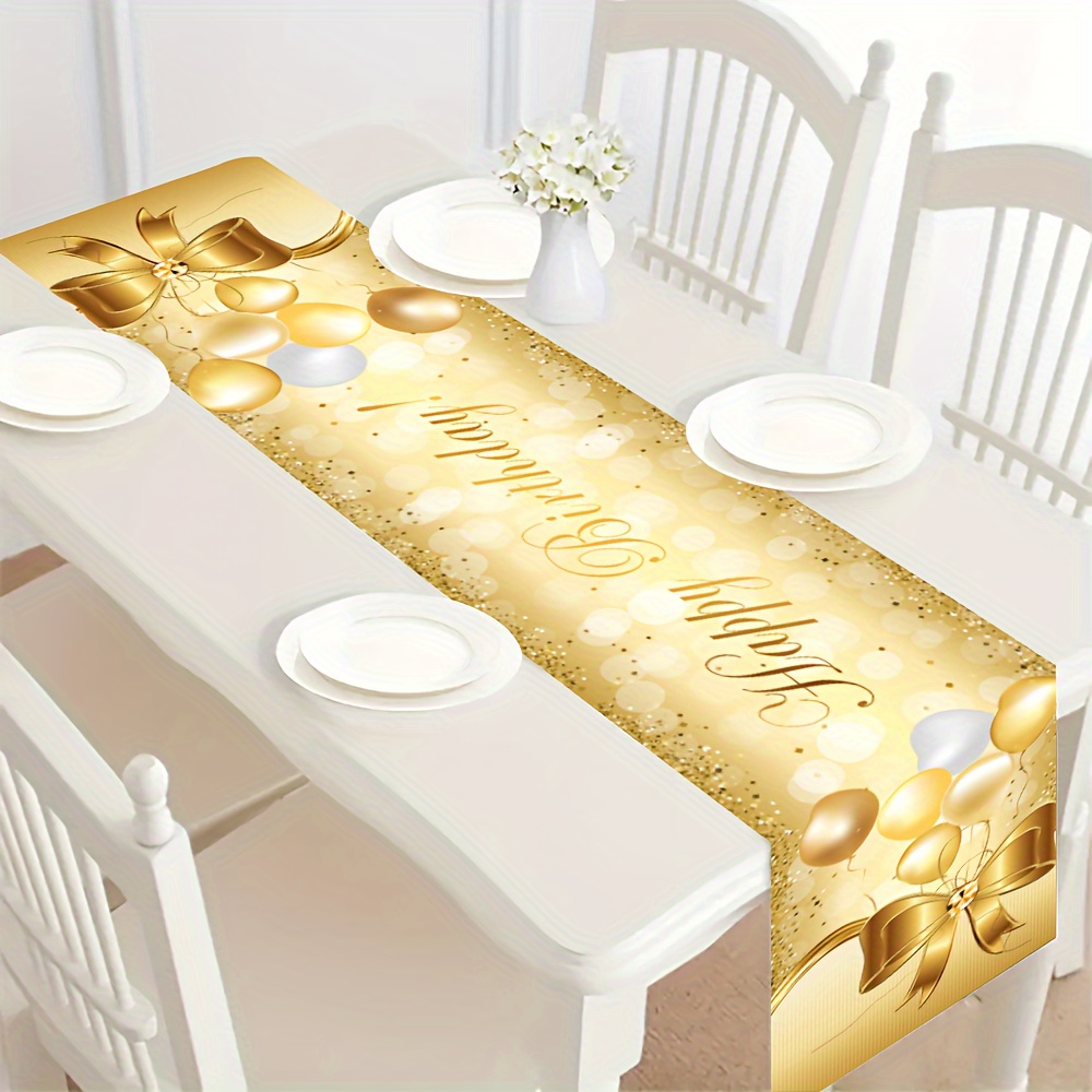 

Birthday Celebration Table Runner - Polyester With Golden Balloons And Bubbles Design, Machine Made, Universal Holiday Birthday Party Decorations, "" Printed, Fits Boys And Girls Birthday - 1 Piece