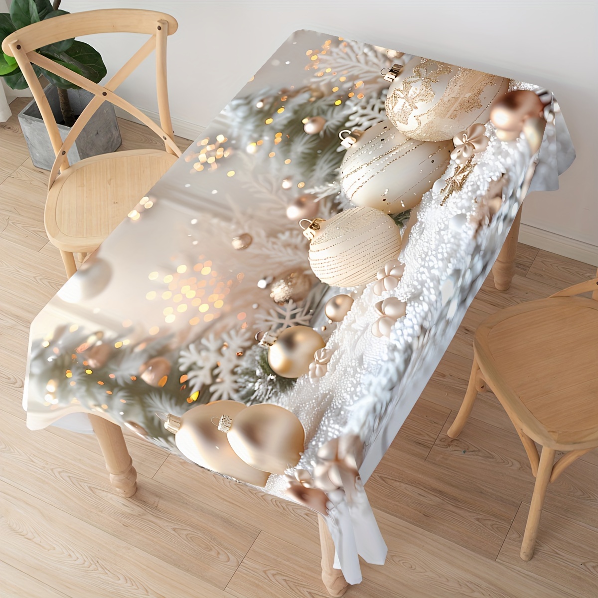 

Christmas Tablecloth - Waterproof & Wrinkle-resistant Polyester With Snowflakes And Ornaments Design For Indoor/outdoor Dining Decor