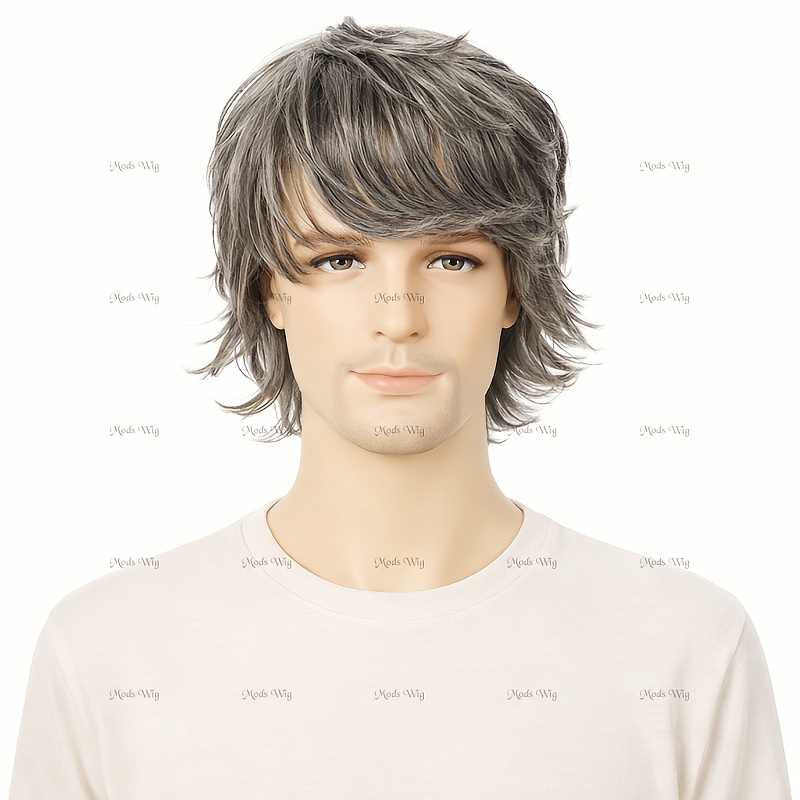 TEMU Men's Silvery Gray Layered Shag Wig Medium Length Side Bangs, Synthetic Hair, Pepper Gray Highlights, Lightweight Breathable , Everyday Casual Fashion Style