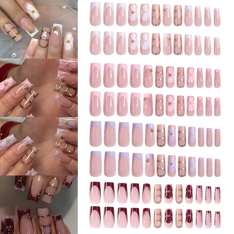 Image of 96pcs 4-style Mixed Press On Nails Set, Nude Pink & Burgundy Gradient With & Stripe Decor, Glossy Finish, Includes Jelly Glue, Reusable False Nails For Women Elegant Daily & Party Wear
