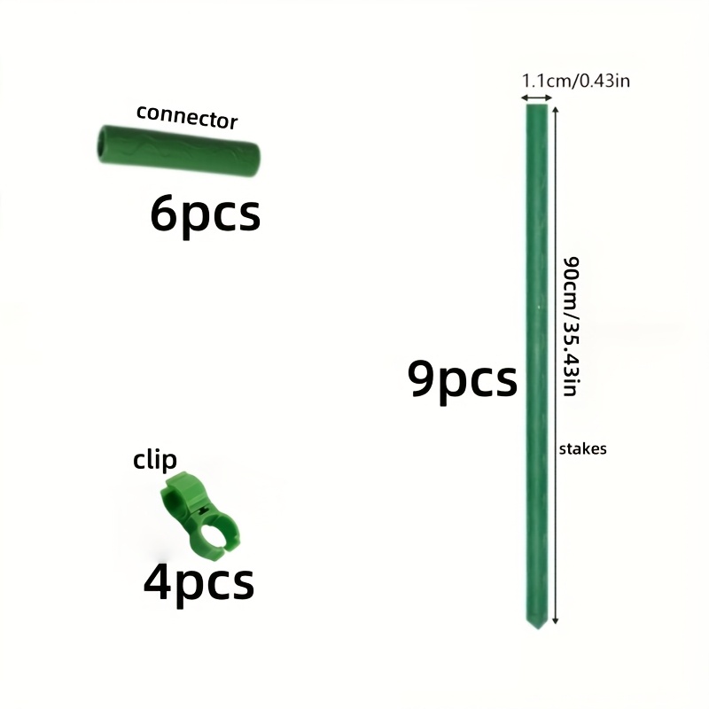 E-shop 9 Pflanzenstützpfosten für den Garten mit 6 Verbindern und 4 Befestigungen, grün beschichtete Stahlstiele mit 11mm Durchmesser, flexible