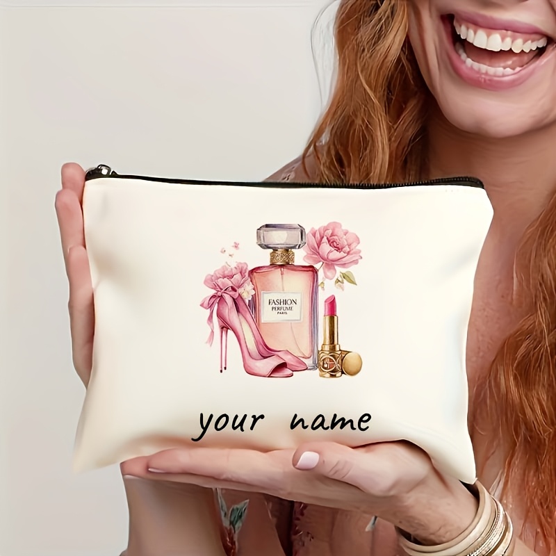 TEMU / Personalizzato - Borsa per Trucco Personalizzata, Elegante Design con , Pochette Portaoggetti con Motivo a Tacco Rosa, e Rossetto, Borsa da