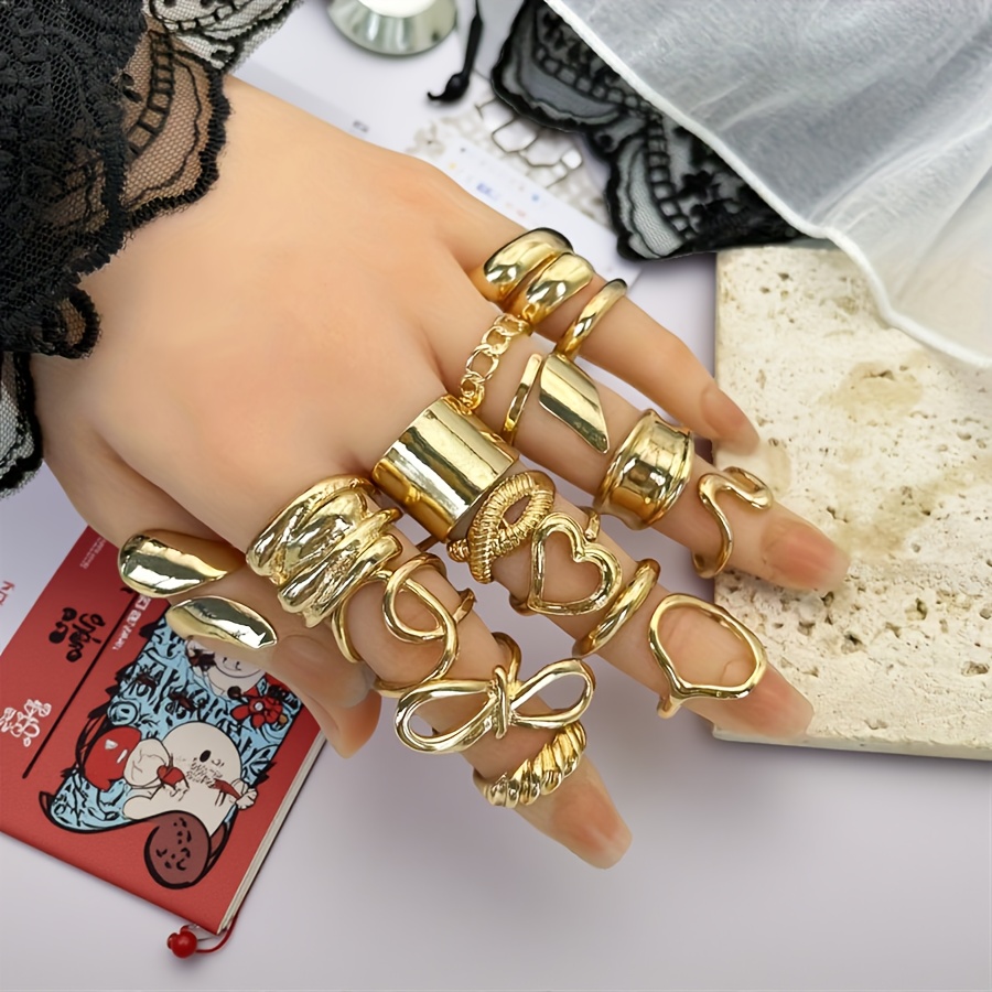 Image of 16pcs/set Golden Plated Thick Stackable Exquisite Fashion Rings, Bohemian Aesthetic, Men Women Couple Style, Minimalist Jewelry Gift, Ideal For Weddings, Banquets, Parties, Holidays, And Birthdays