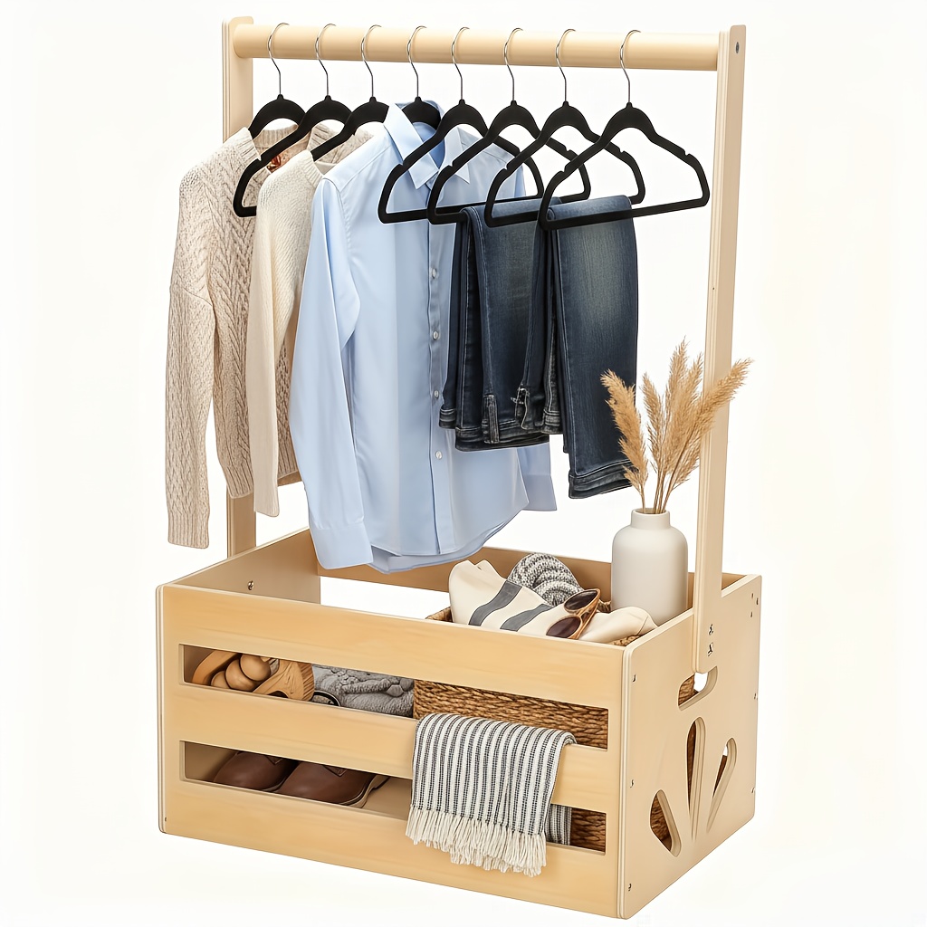 TEMU 1 Modern Wooden Storage Basket With Handles - Multi-functional Storage Box, Decorative Box, Perfect Gift For New Parents, Cute Clothes Storage Divine, Freestanding Clothes Hat Rack
