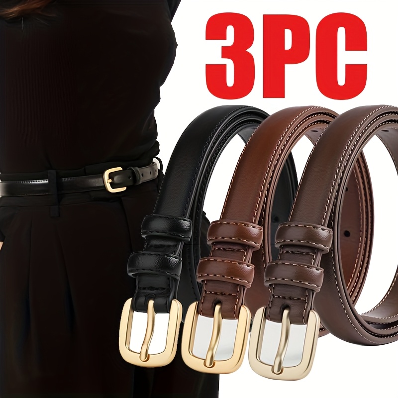 TEMU 3pcs Women's Fitted Waist Belt - Solid Color Faux Leather Belt With A , A Slim Belt For Jeans And Trousers - Suitable For Casual Wear, Weddings,