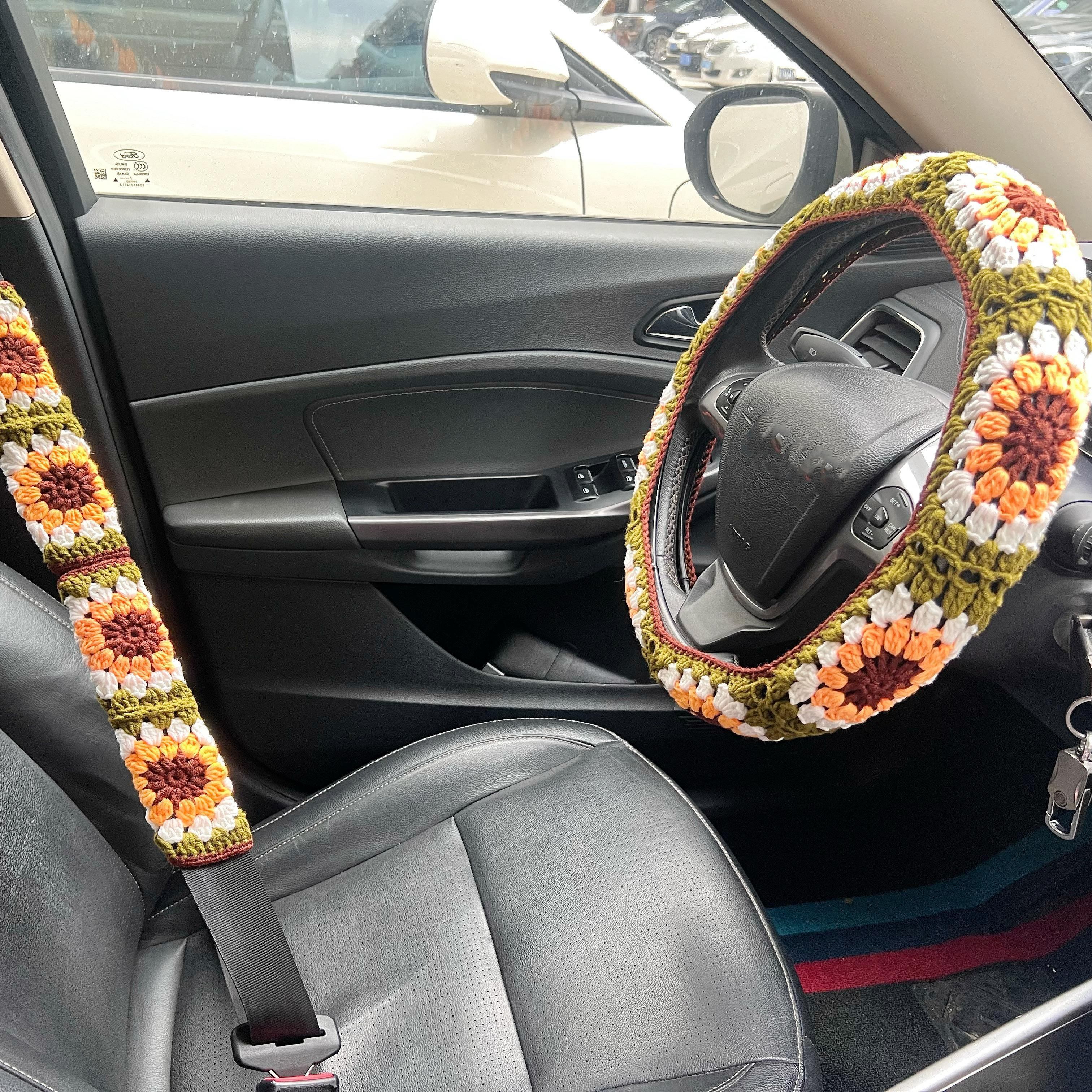 Crochet Sunflower Car Accessories Set - Steering Wheel Cover, Seatbelt Covers & Rainbow Mirror Hanging (Handmade)