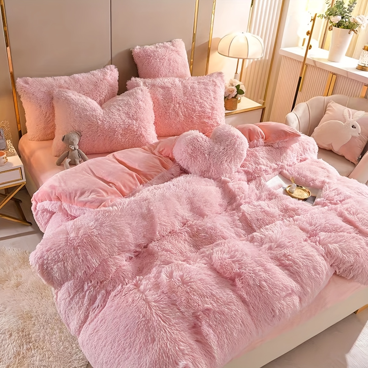 TEMU 4pcs Soft Fluffy Bedding Set Comforter Set: 2 Pillowcases, 1 Duvet Cover & 1 Bed Sheet, Ideal For (queen, King Size)| Inner Not Included