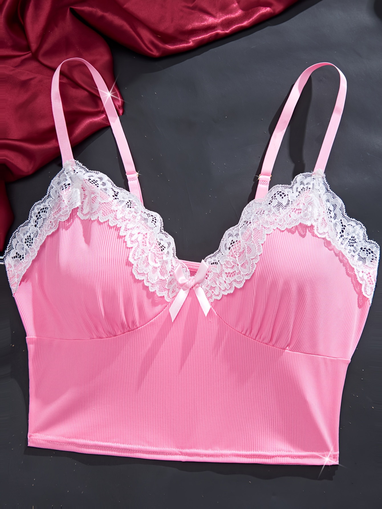 2 piecesolid color   pajama set contrast lace bow halter top shorts womens   pajamas Product details 12