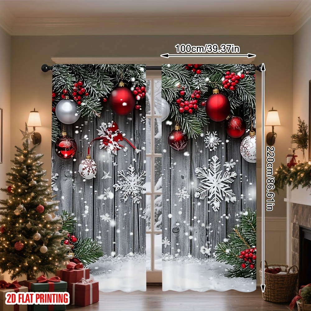 TEMU 2d Flat, 2pcs 2d Flat Printing Fashionable Christmas Curtains With Snowflakes_ Red Balls And Digital Printed Polyester Drapes Festive Wall Decor