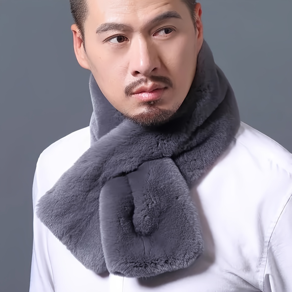 TEMU Men's Plush Rabbit Fur Scarf - Thick, Warm & Soft Polyester Neck Warmer In Solid Colors, For Winter