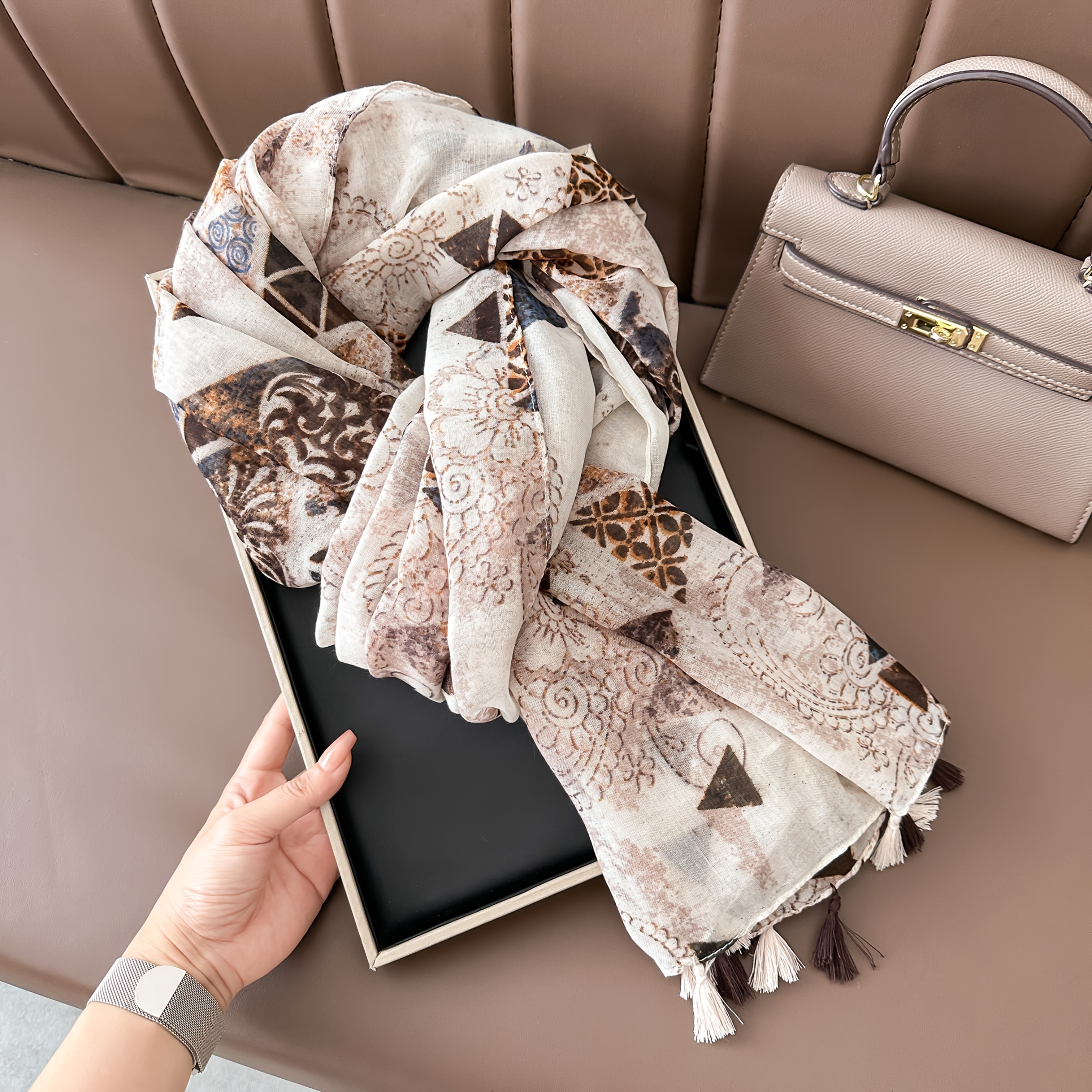 E-shop Eleganter Ethno-Schal, Damen Chiffon Schal mit buntem Tuschdruck Fransen, Wickelschal, warmer Schal für Frühling Herbst