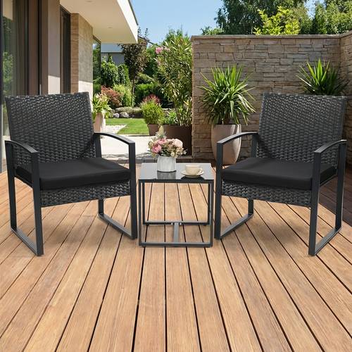 3pcs outdoor pe rattan bistro set all weather patio furniture set rattan conversation furniture with coffee table cushions for balcony porch garden black rattan