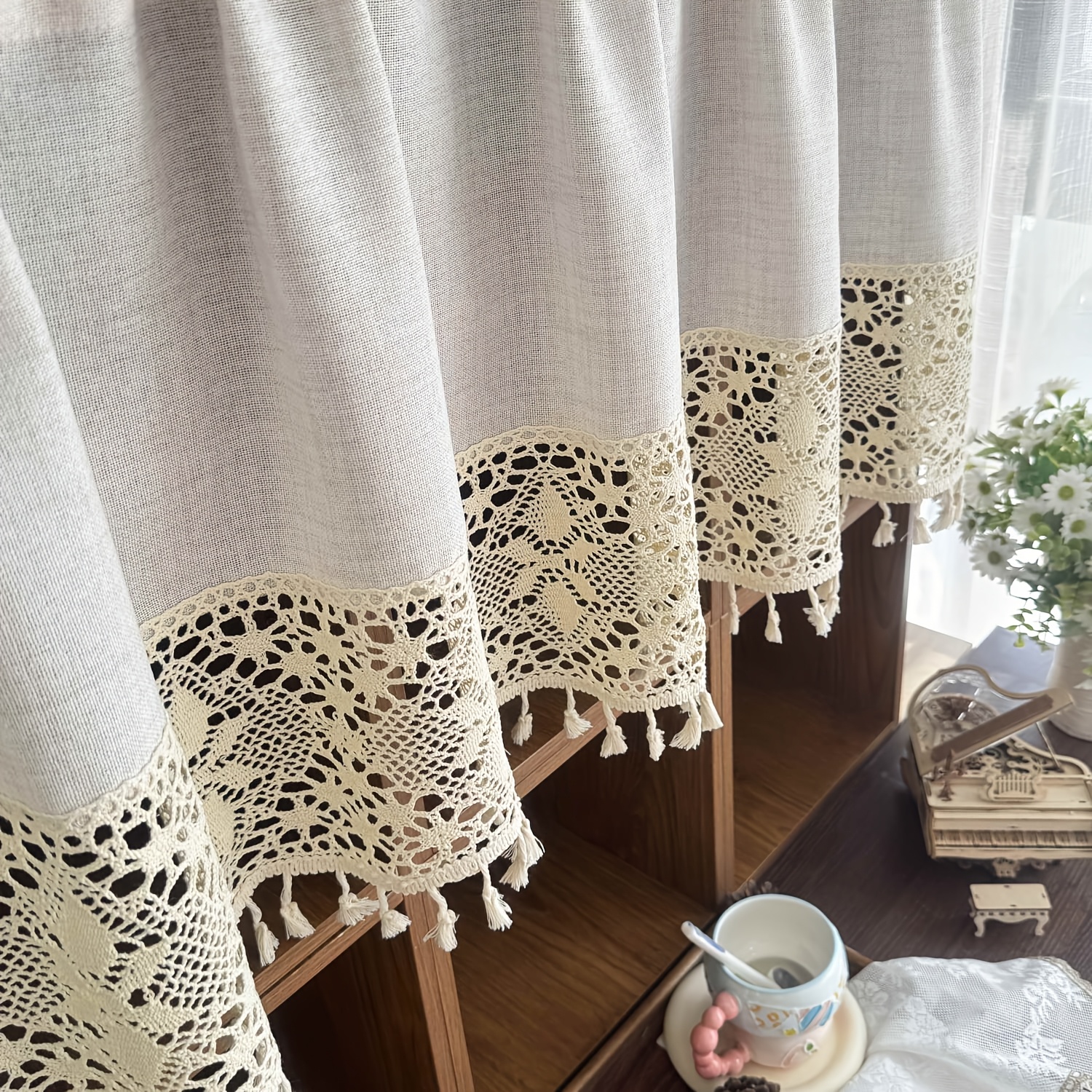 TEMU 1pc, Bohemian-style Beige Geometric Openwork Crochet Fringe Lace Coffee Curtain, Vintage Half-curtain, Suitable For Living Room, Kitchen,
