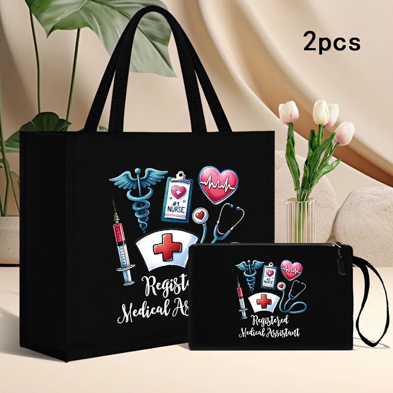 

2pcs Fashionable Nurse Theme Tote Bag Set, Fabric With Fixed Shoulder Straps, Medical Assistant Print, For Office And Student Use, Includes Cosmetics Bag