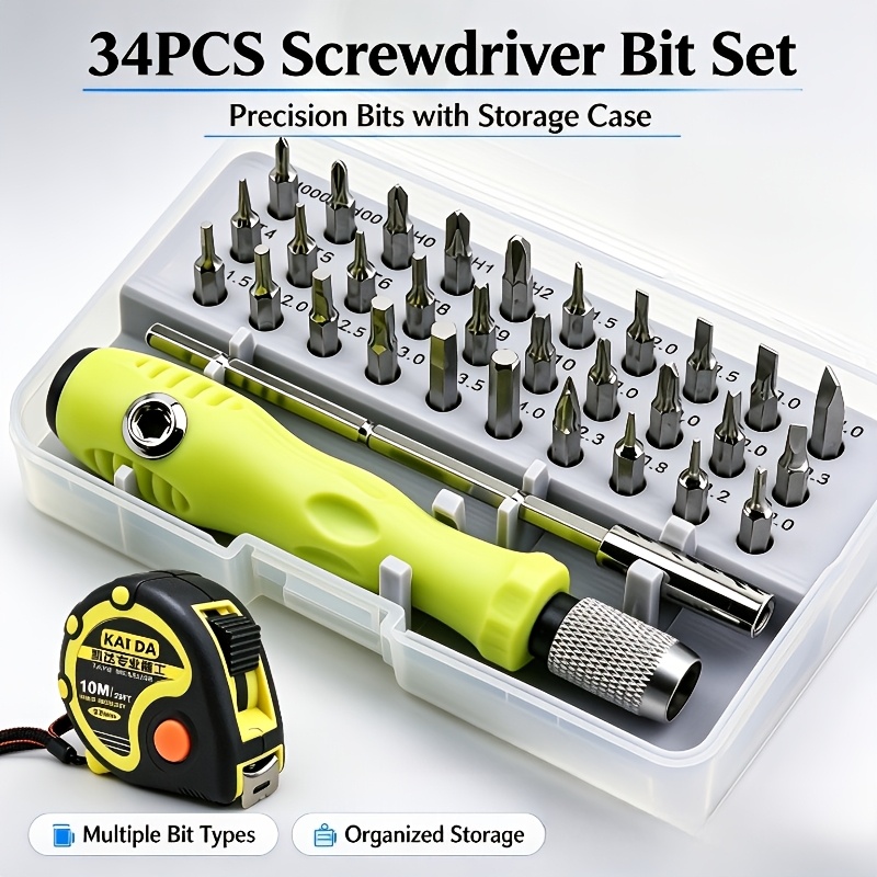 Image of 34pcs Precision Screwdriver Set With 10m Measuring Tape, Multi Bit Magnetic Repair Screwdriver Kit For Phone Laptop Watch Electronics Disassembly, Household Hand Tool Combo Kit