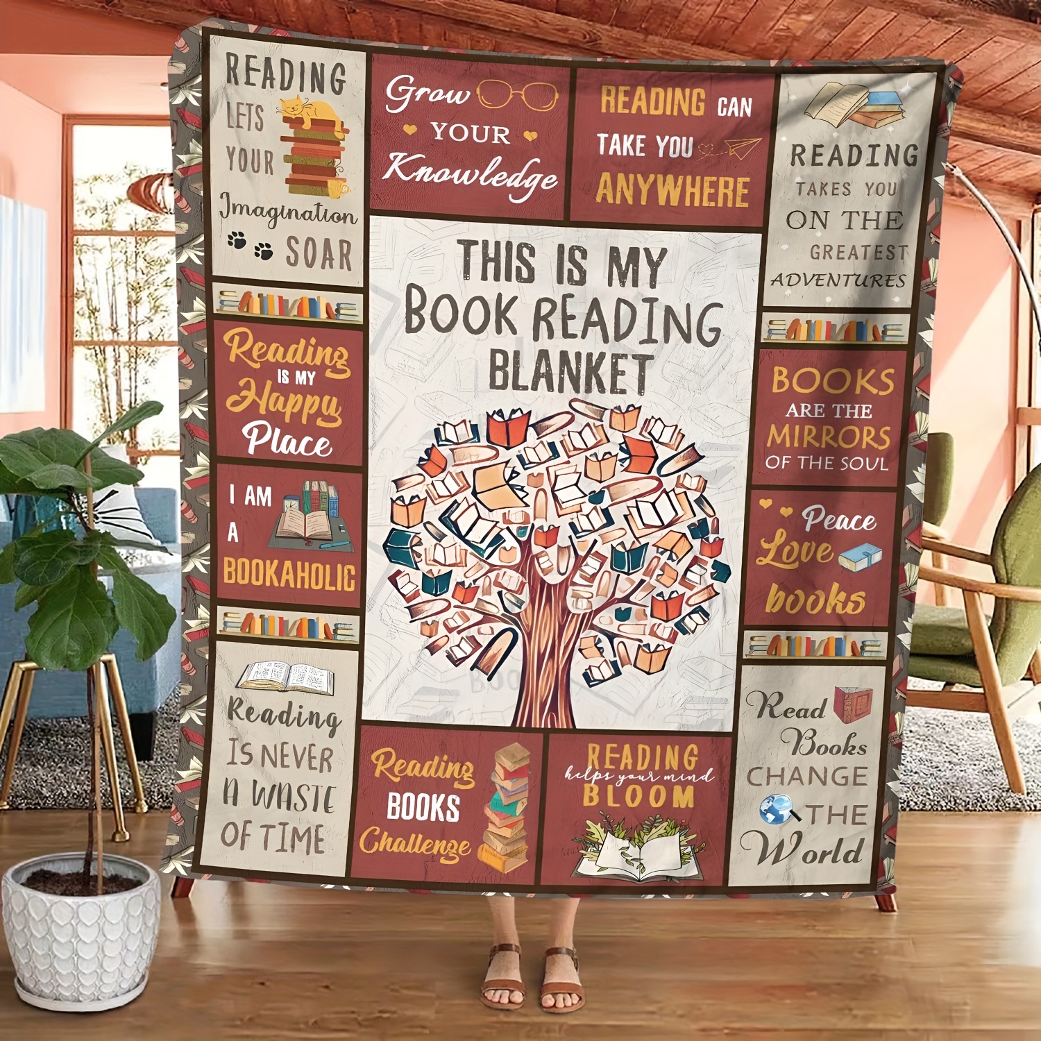 

Style Book Reading Tree Design Soft Blanket - Cozy Polyester Knit Throw With Reading And Knowledge-inspired Prints For All Seasons