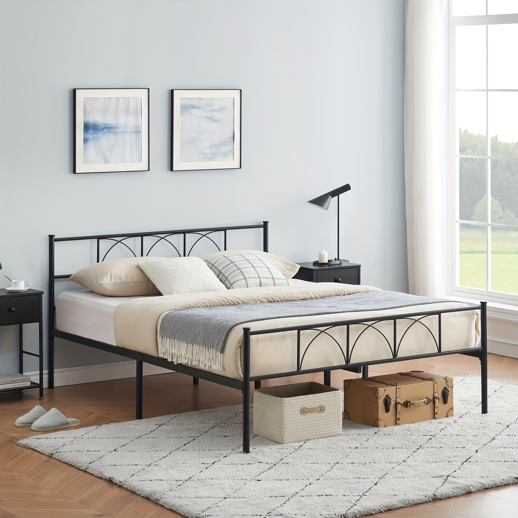 

1pc Bed Frame Metal Platform With Headboard And Footboard, Mattress Foundation, 12.2" Under Bed Storage, Max Load 800 Pounds Easy To Assemble, Black (queen/king Size)