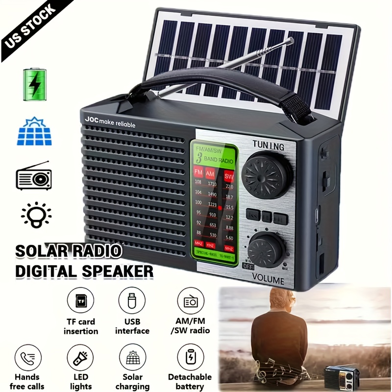 TEMU Fm/am Rechargeable Solar Radio Speaker - Portable Audio & Radios With Mp3 Player, Flashlight, Adjustable Volume For Outdoor Activities,