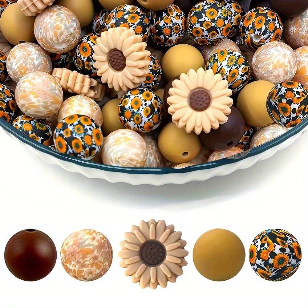 

25pcs Sunflower & Geometric Silicone Beads Kit - & Keychain Crafting Set With Rings And Cords, Ideal For Pendants, Beaded Pens & Handmade Gifts, Christmas & New Year, Silicone Character Beads