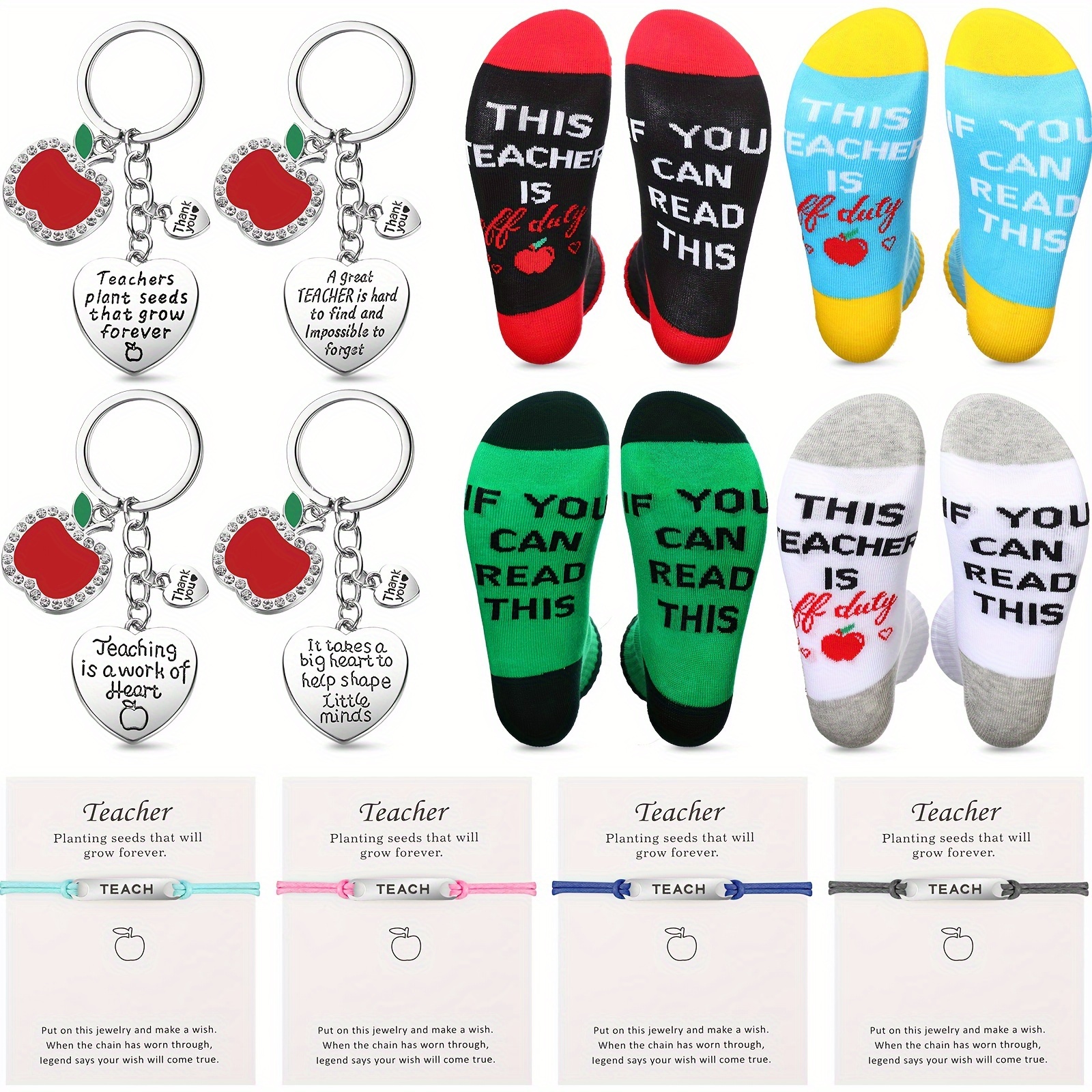 

12pcs Teacher Appreciation Gifts Includes Unisex Crew Socks Keychains Bracelets With Greeting Card