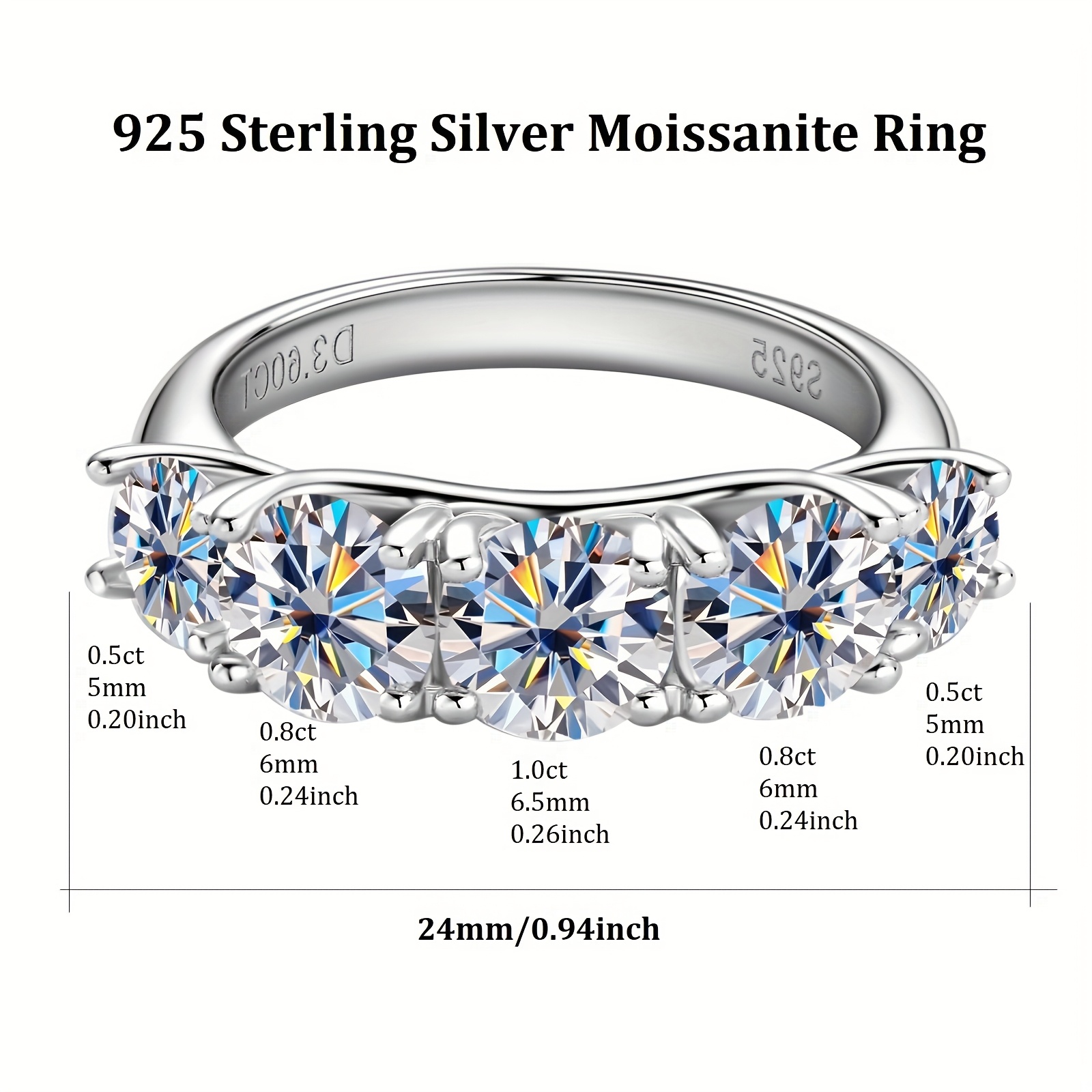 Moissanite 5 Stone 925 Silver Ring, 6.5mm Round Moissanite