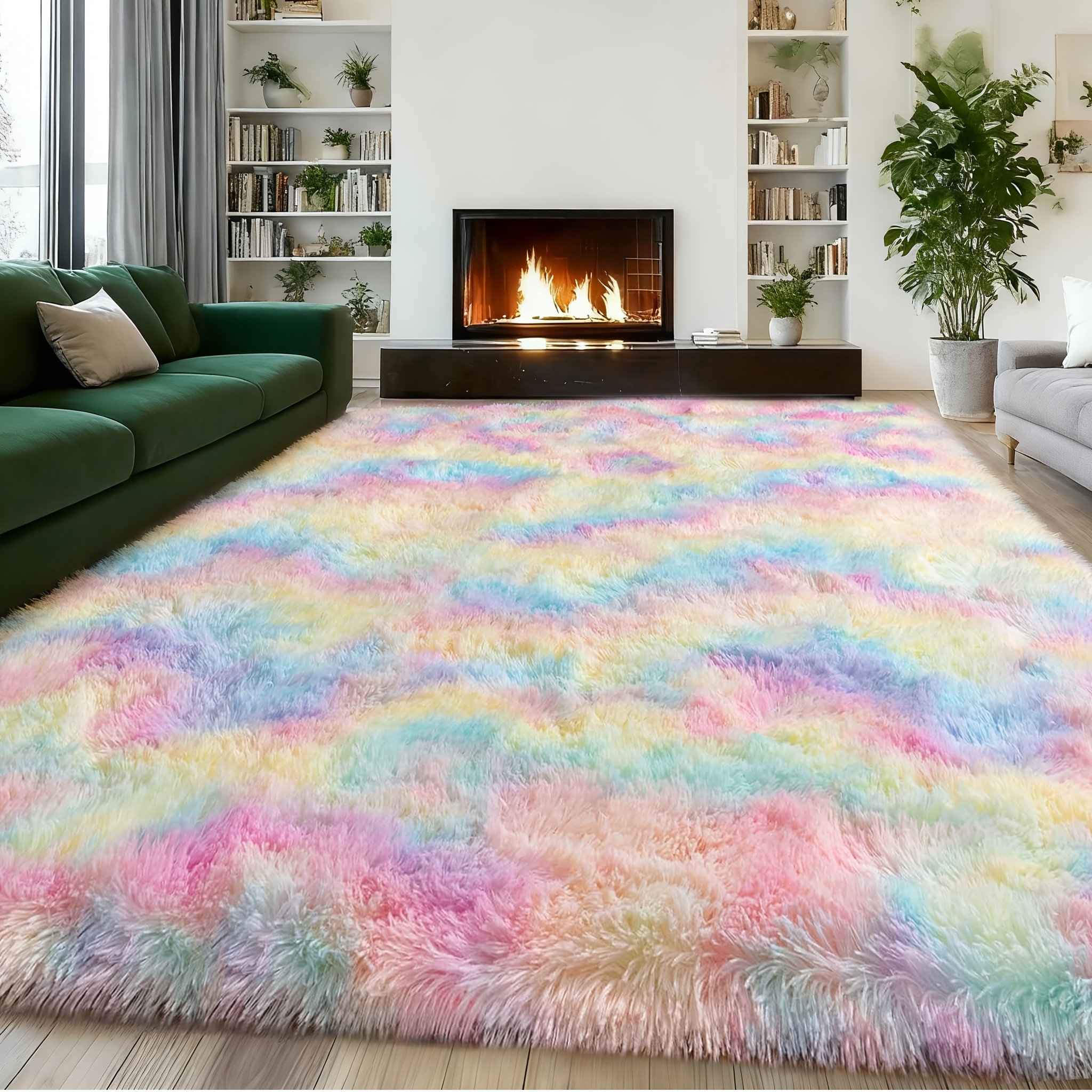 TEMU Purple Rainbow Shag Area Rug, Soft And Fluffy, Non-slip, Machine Washable Carpet In Sizes For Living Rooms, Bedrooms, Dining Rooms, And Home