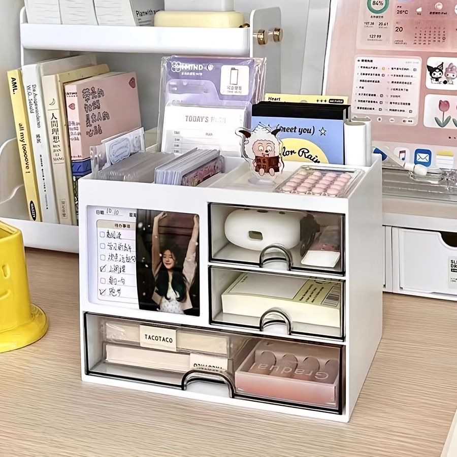 item picture 2pcs storage box and stickers drawer organizer multifunctional storage   desk organizer desktop organizer vanity organizer school stationery organizer pen and card holder office desk office supplies vanity white