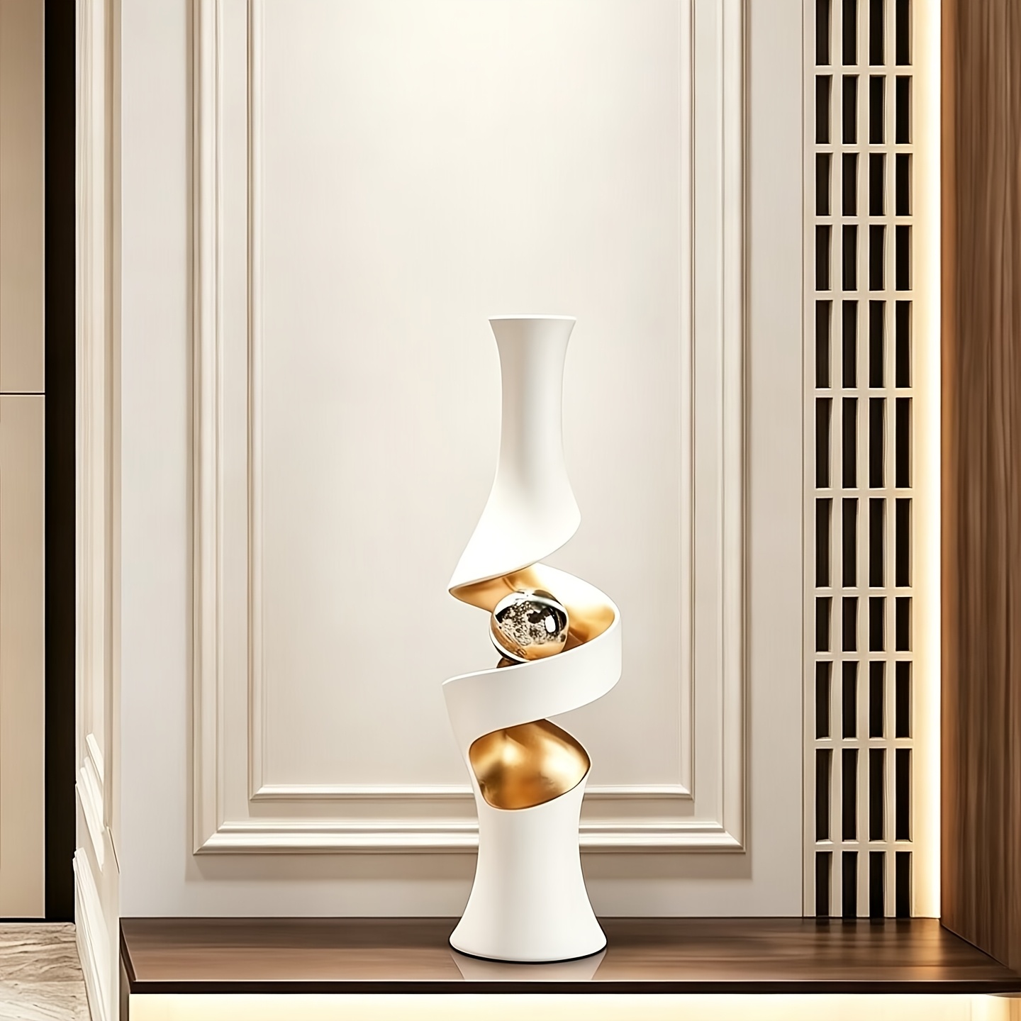 White And Golden Spiral Vase with Crystal Sphere | Symbol of Good Fortune | Artificial Flower solely
