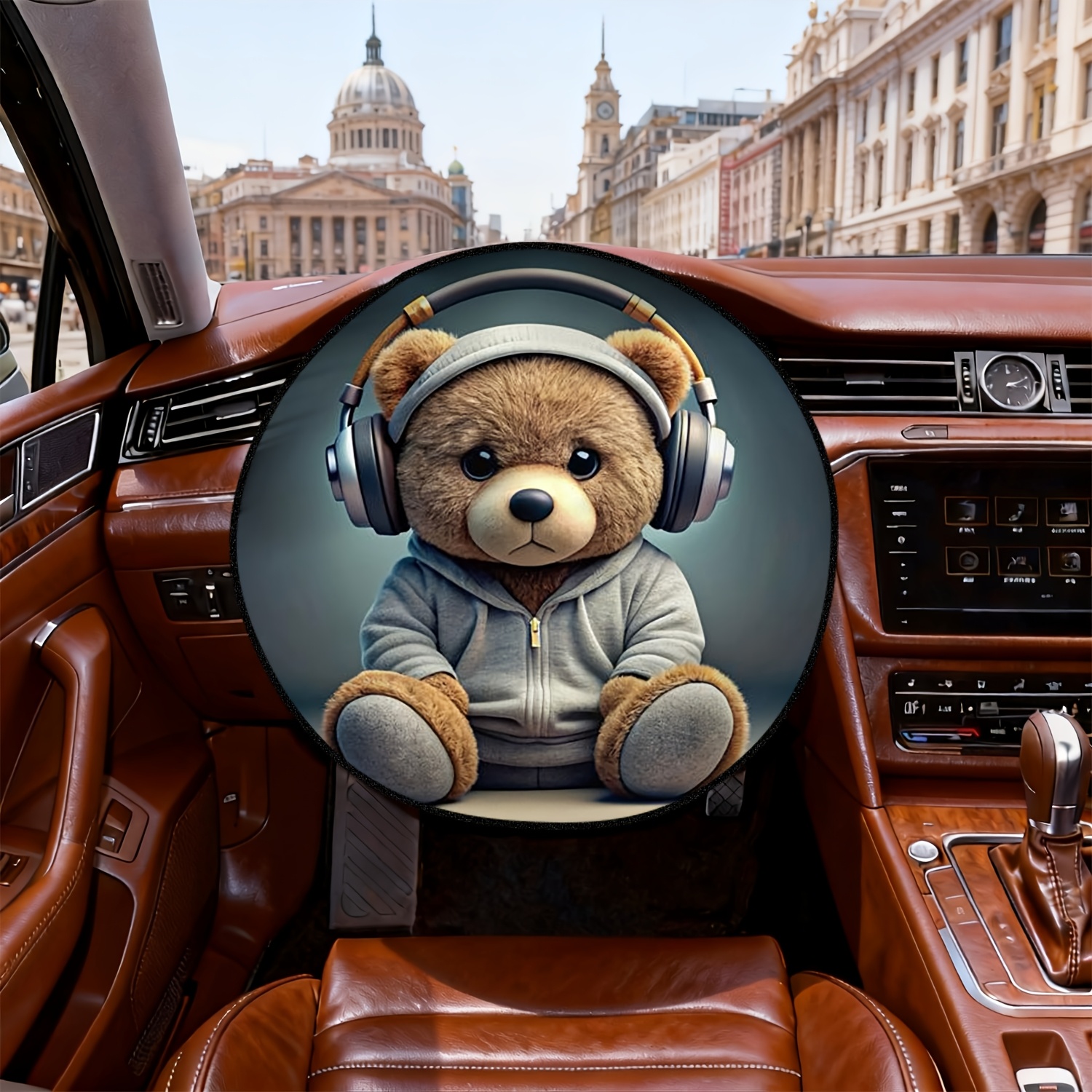 TEMU 1pc Steering Wheel Sunshade With A 2d Printed Pattern Of A Cute Bear Wearing Headphones And A Hoodie. This Car Interior Accessory Provides