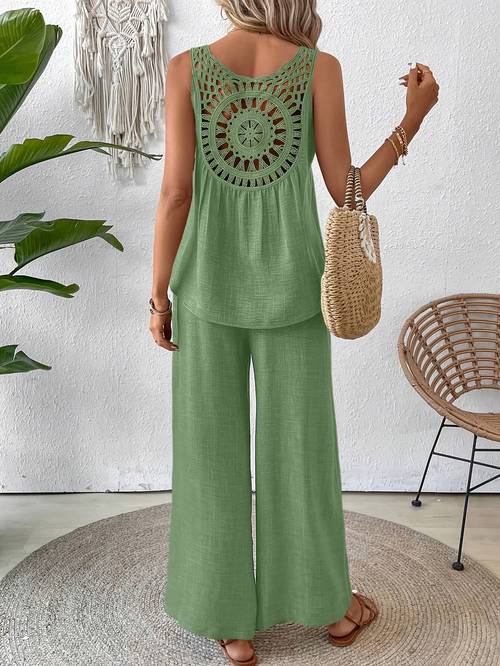 plus size solid lace panel hollow sleeveless top and pants casual sports set