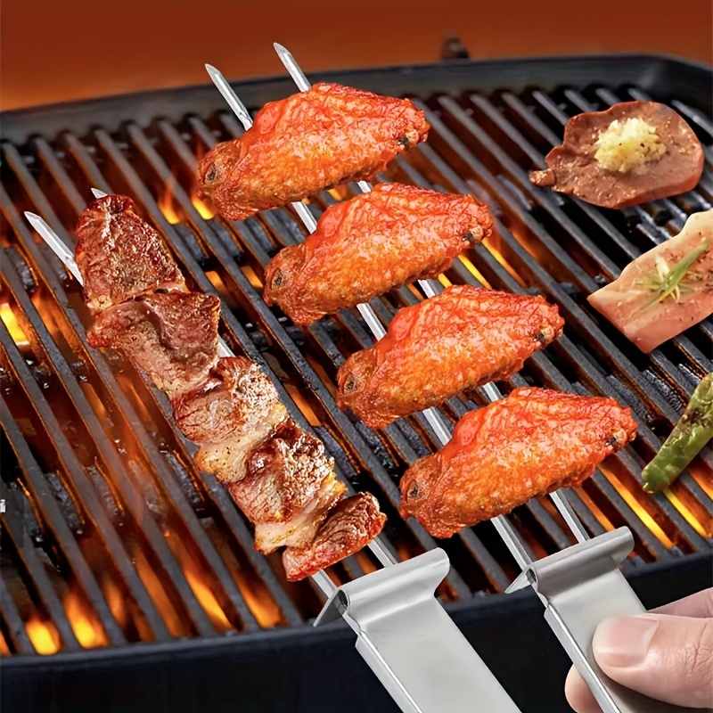 2pcs double ended reusable stainless steel barbecue fork semi automatic outdoor bbq barbecue tool portable barbecue skewer lamb hot dog fork camping picnic party bbq accessories bbq gadgets details 2