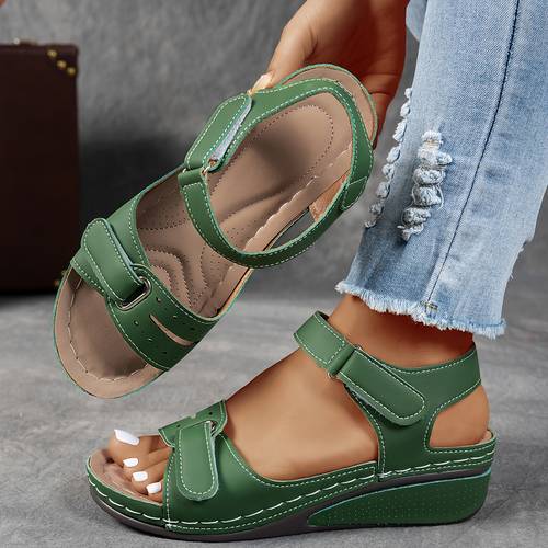 womens beige wedge sandals comfortable open toe platform shoes with adjustable ankle strap perforated design for casual summer fashion strappy sandals