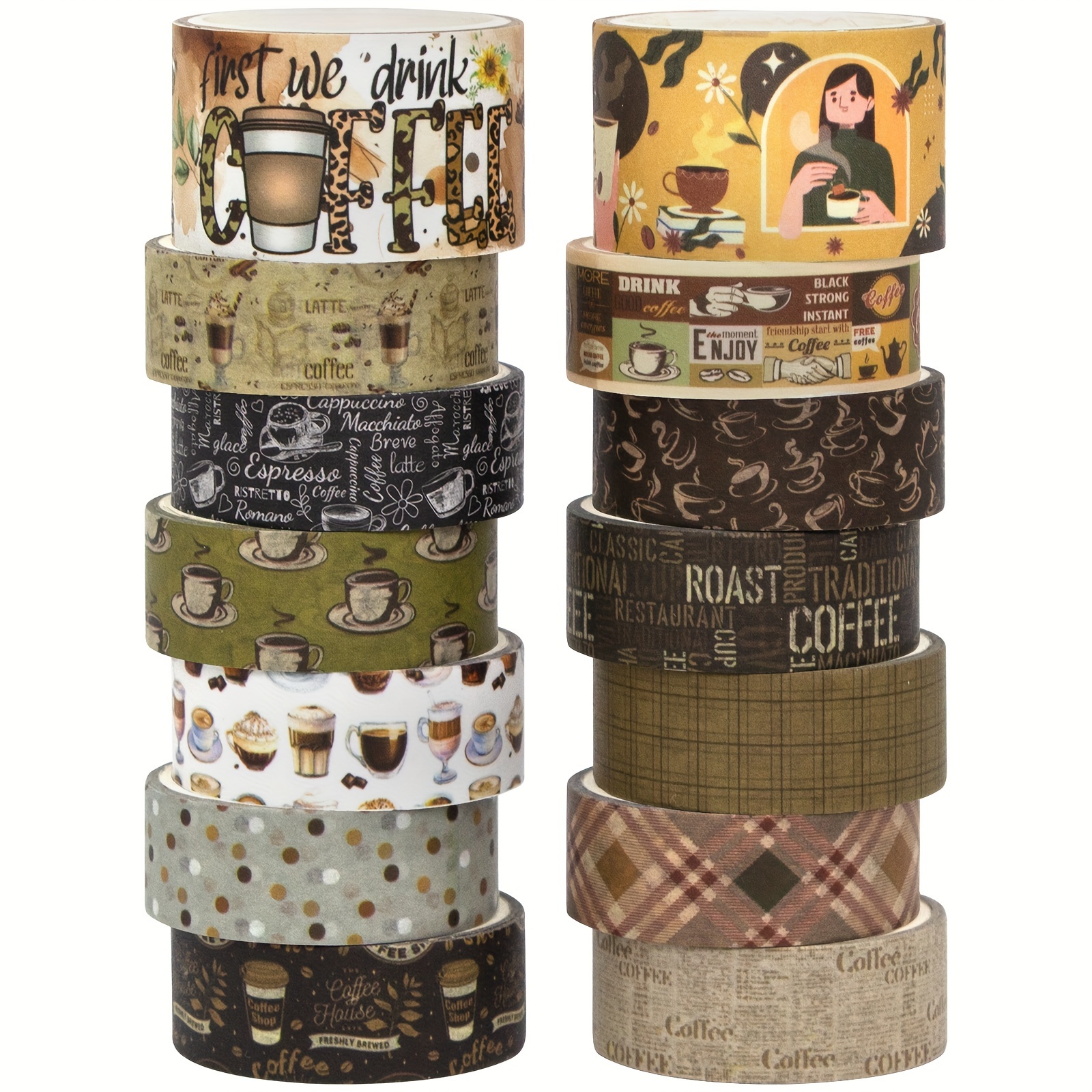 

14-piece Washi Tape Set - Coffee-themed Decorative Adhesive Tapes For Scrapbooking, Journaling, Diy Crafts & School Supplies By
