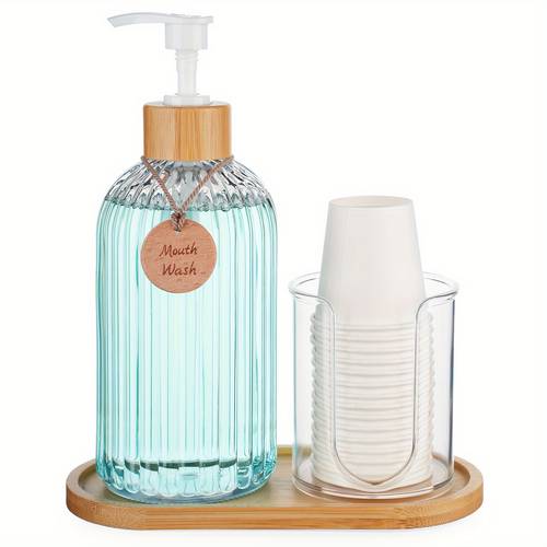 mouthwash dispenser with cup holder plastic pump bottle with tray for bathroom organizers 17oz refillable container bamboo halloween christmas gift