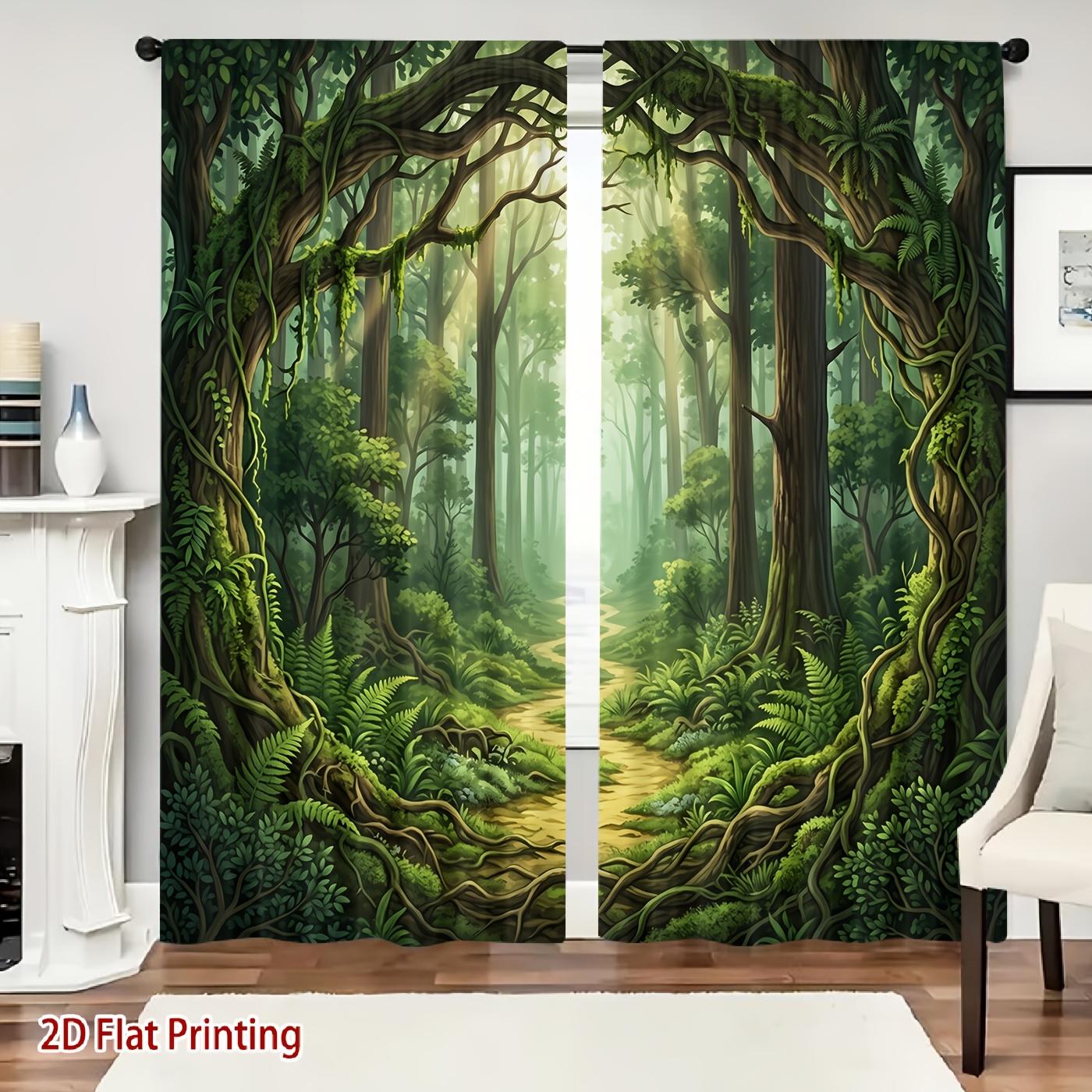 TEMU Set pezzi, Tende con stampa di foresta di alberi e viti antichi con , Luce soffusa, Protezione della privacy, Installazione con per bastone,