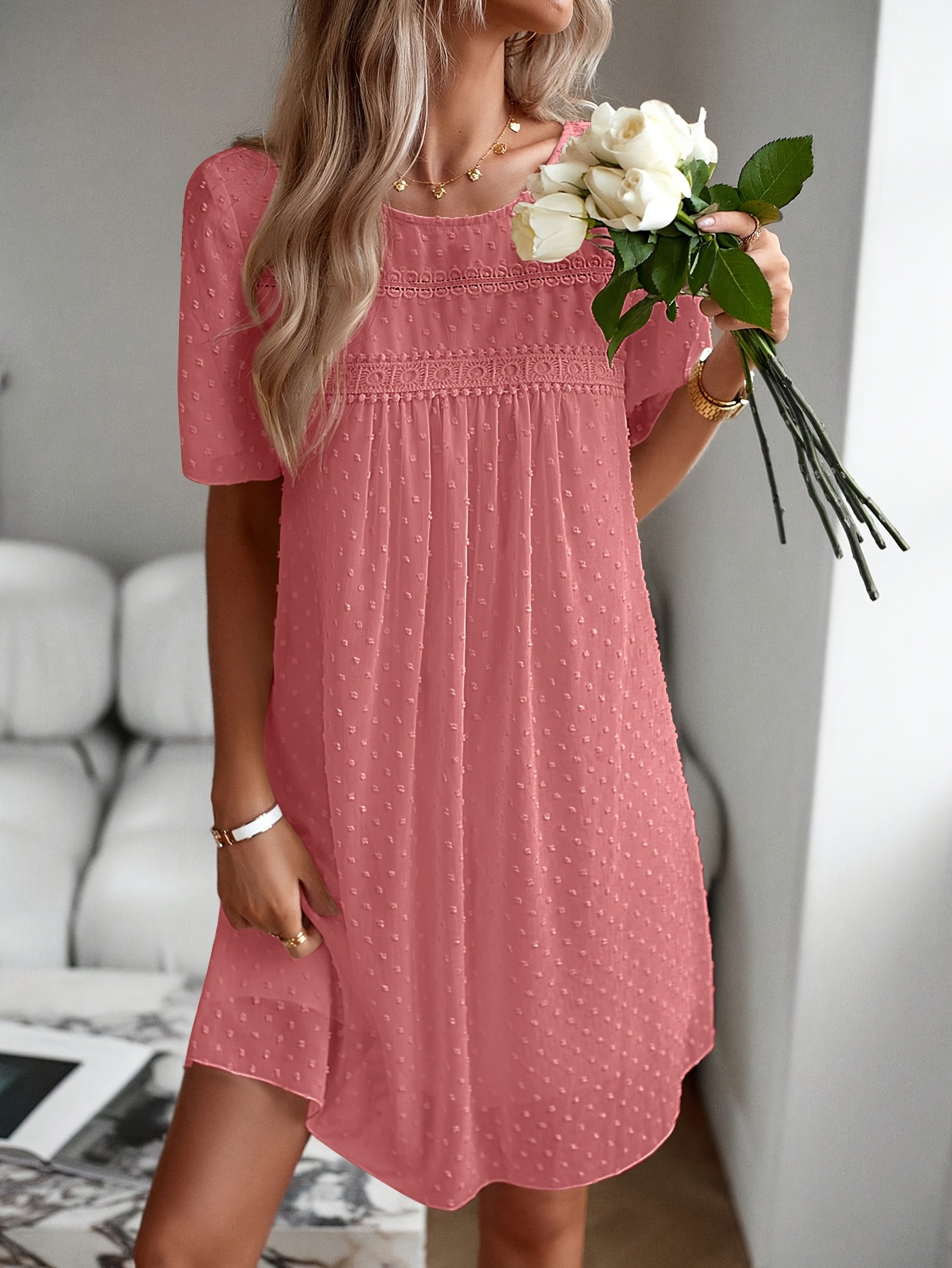 elegant white lace chiffon mini dress with   hem short sleeve round neck flowy a     spring summer womens fashion     hem dress chiffon fabric lace dress watermelon red 0
