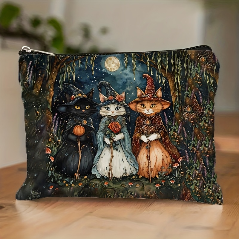 TEMU 1pc Cat Wizard Makeup Bag - Double-sided Printed, Durable & Foldable Travel Storage, Large Capacity, Whimsical Halloween Design With 3