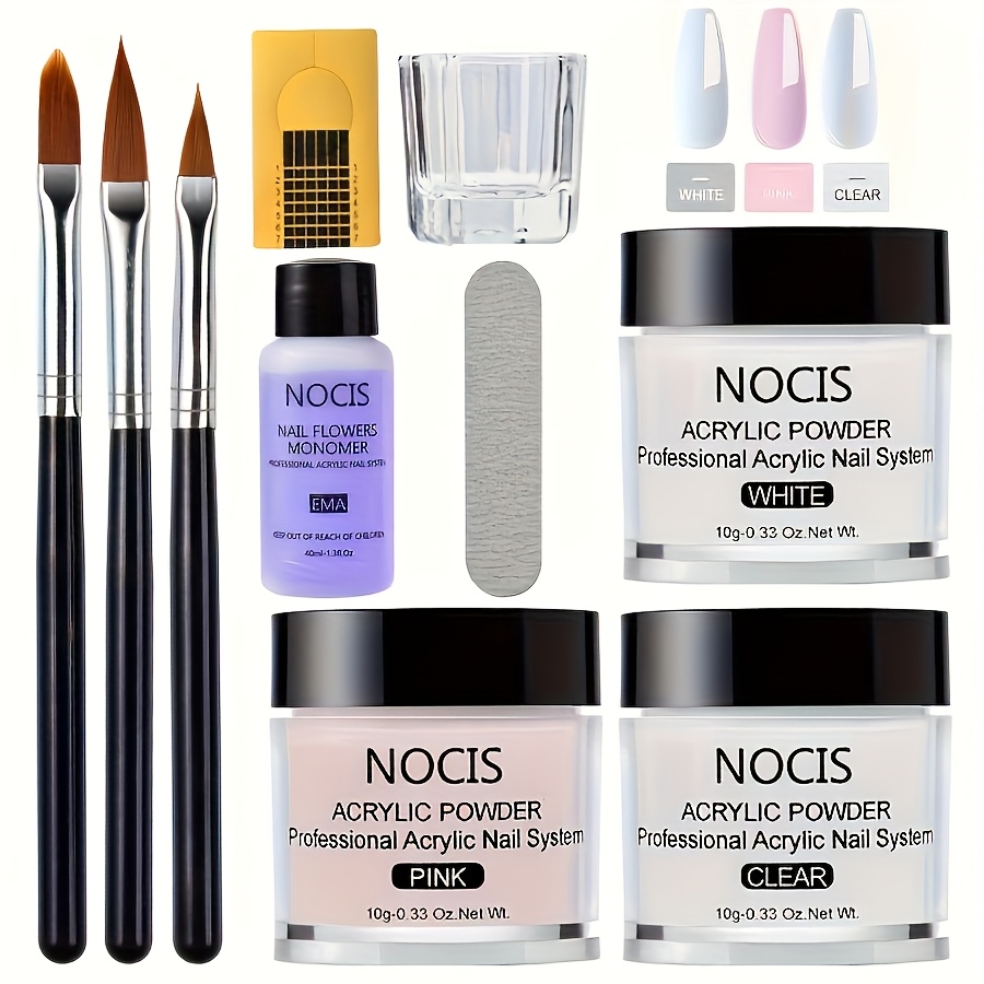 TEMU Acrylic Nail Set - Includes Clear, White, And Pink Acrylic Powder Along With Liquid, Nail Forms, Brush, File, And Glass Container - Suitable For