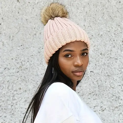 Womens Winter Knitted Beanie Hat With Fur Pom Warm Knit Skull Cap Beanie For Women