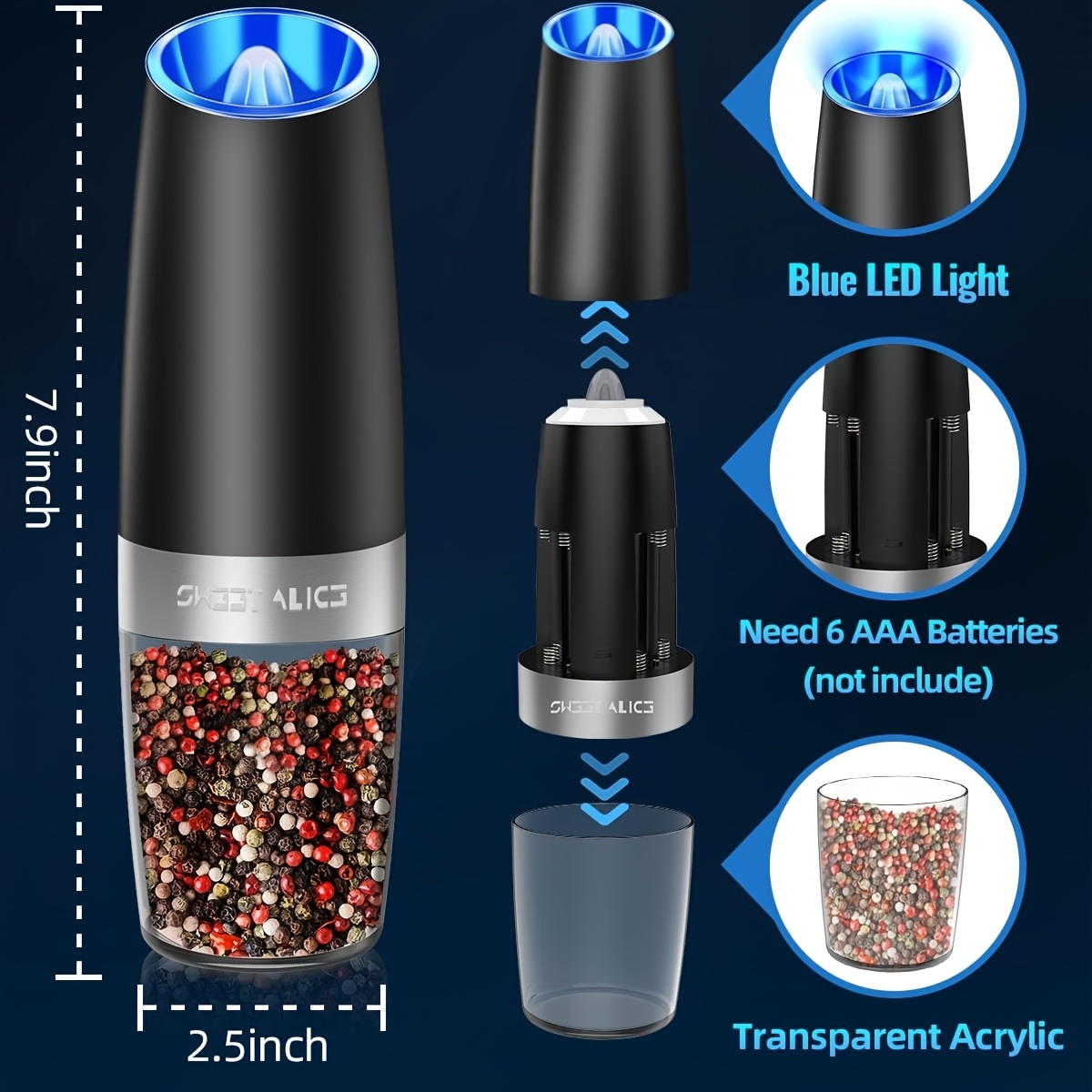 TEMU Electric Salt And Pepper Grinder Set, 110ml Larger Automatic Salt And Pepper Mill Grinder With 6 Adjustable Coarseness, Electric Salt And Pepper