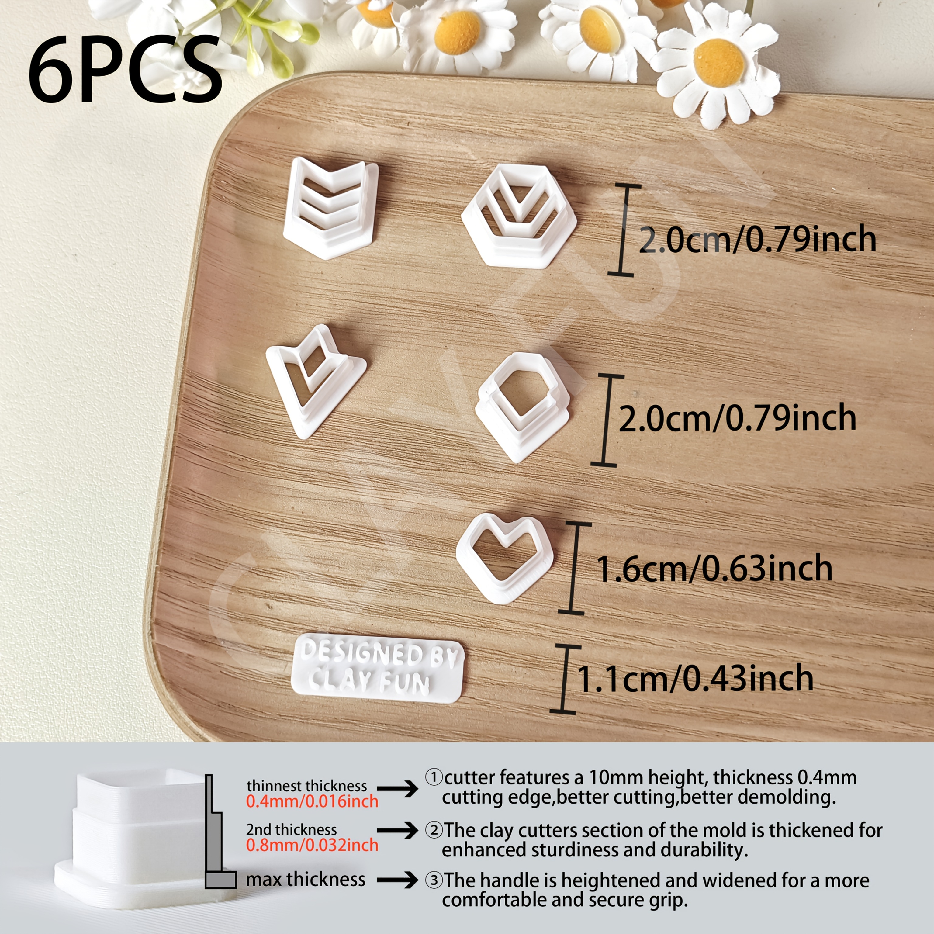 TEMU A Set Of 6 Small-sized, Bohemian-style Polymer Clay Cutters With Creative Patterns, Featuring A Geometric Theme With Line Decorations. This