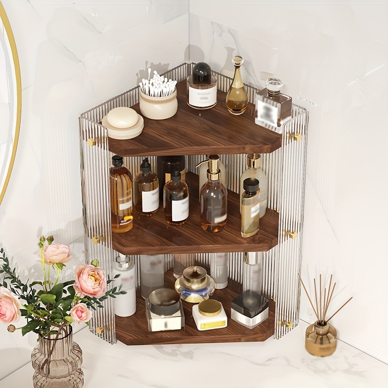 

3-tier Corner Shelf, Acrylic & Solid Wood, Rustic Storage Organizer For Bathroom Cosmetics, Vanity Countertop, Space-saving Wall-mounted Design, Waterproof & Easy To Assemble