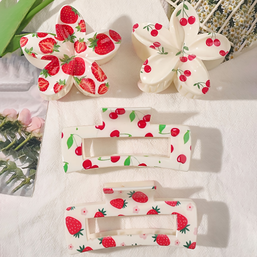 E-shop 4er-Set ABS Bohemian Haarspangen mit Erdbeere, Kirsche, Blume, Schmetterling, Schleife, Frucht-Print, geeignet für Strand, Frühling/Sommer Mode