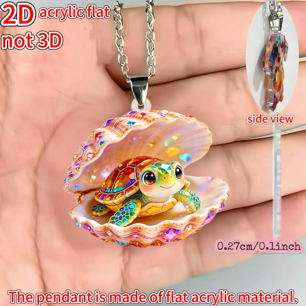 Turtle in a Seashell Acrylic Pendant Necklace, Women's Gift