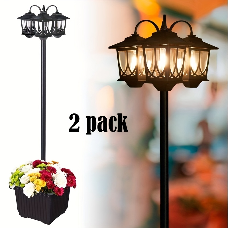 TEMU 2/1pack 2in 1 Solar-powered Outdoor Lamp With Planter, Ip44 Waterproof, 3-head Solar Lamp Post Light For Garden, Lawn, Pathway, Driveway, Warm