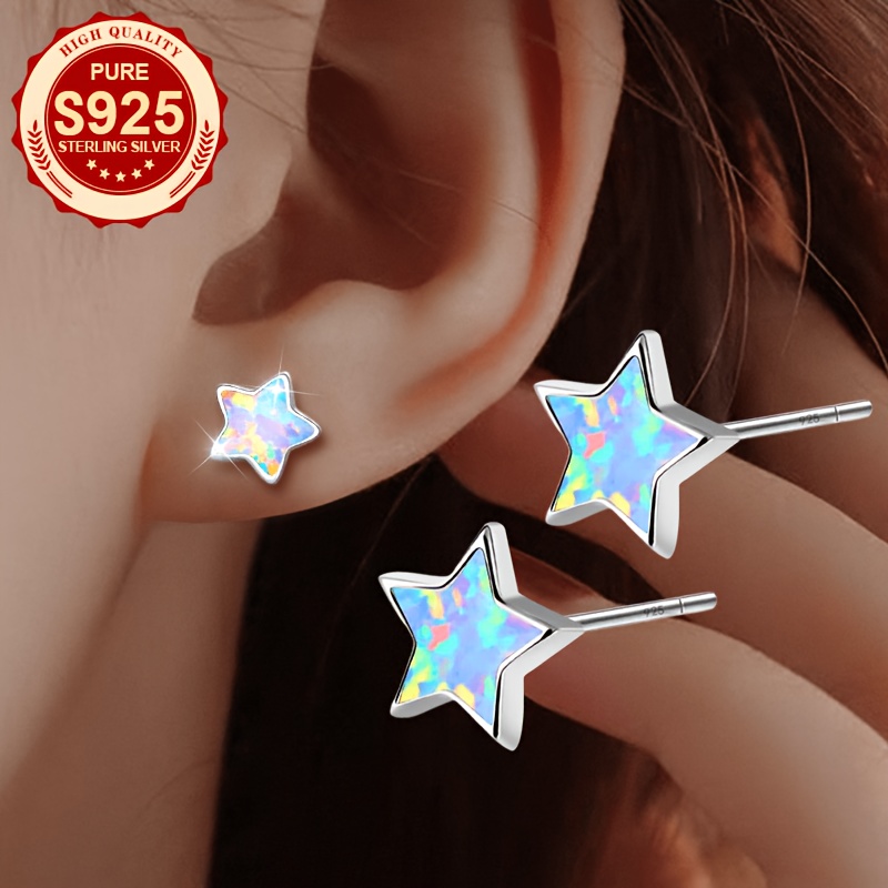 Women's S925 Silver Iridescent Star Earrings, Hip-Hop Style