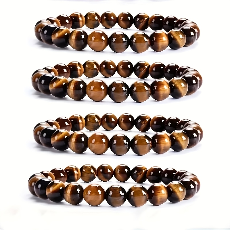 TEMU 4pcs 8mm Tiger Eye Stone Bracelet, Fashionable And Versatile, Adjustable Elastic Rope Suitable For Casual Wear - Symbolizing Good Luck And