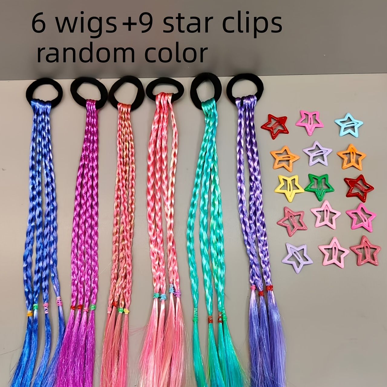 TEMU 15pcs/set ' Gradient Colored Wig Hair Additions, 6pcs Random Colors Hair Clip Style Scrunchies And 9pcs Random Colors Star Hair Clips, Gradient